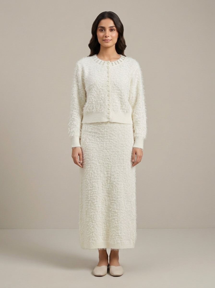 Embellished Feather-Effect Cardigan with Matching Bottom Wear
