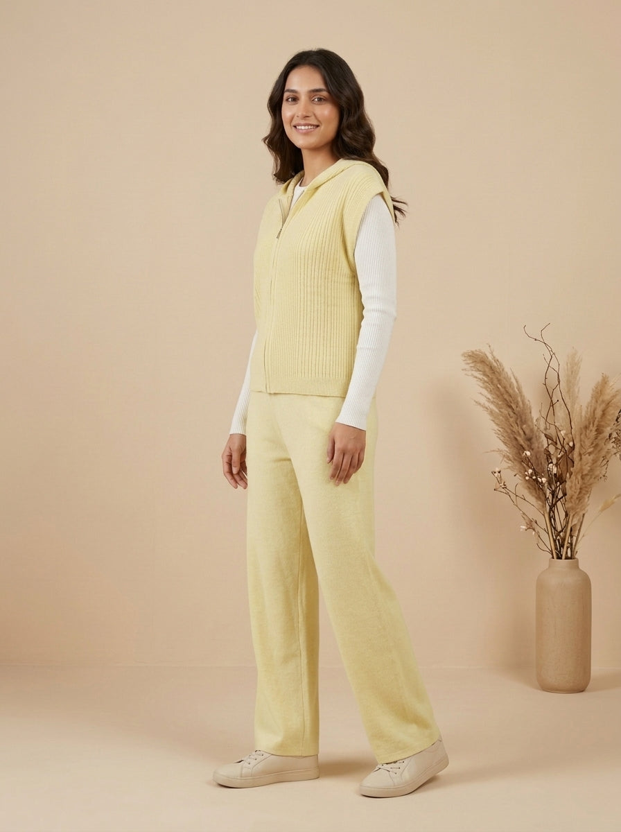 Ribbed Knit Hooded Vest, Inner Top & Wide-Leg Trouser 3-Piece Co-ord Set