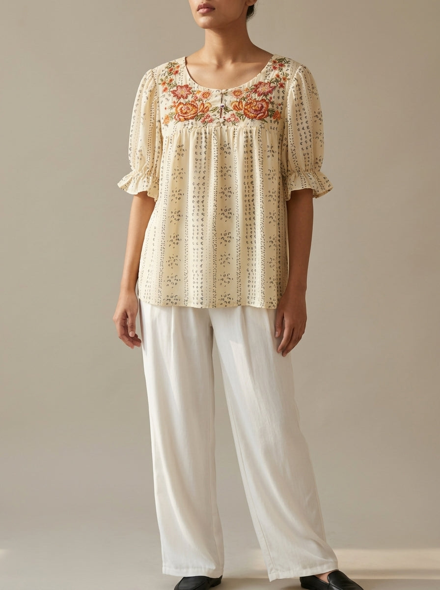 Floral Embroidered Keyhole Top