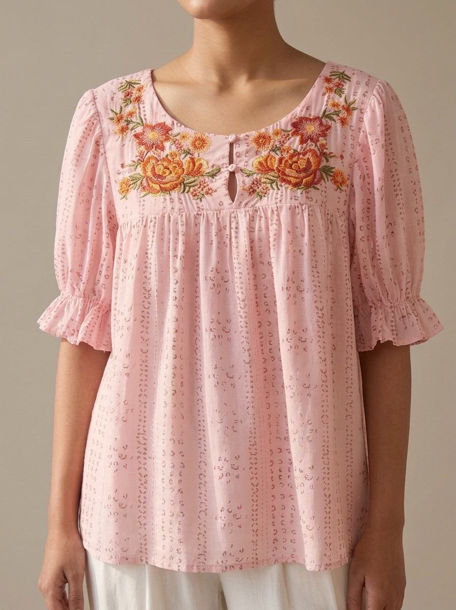Floral Embroidered Keyhole Top