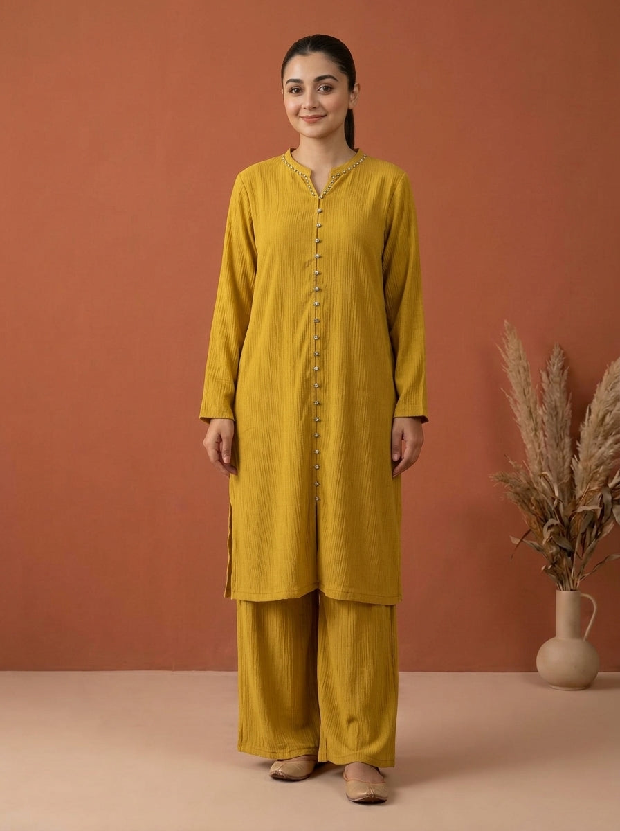 Textured Embellished Long Tunic & Wide-Leg Trouser 2-Piece Co-ord Set