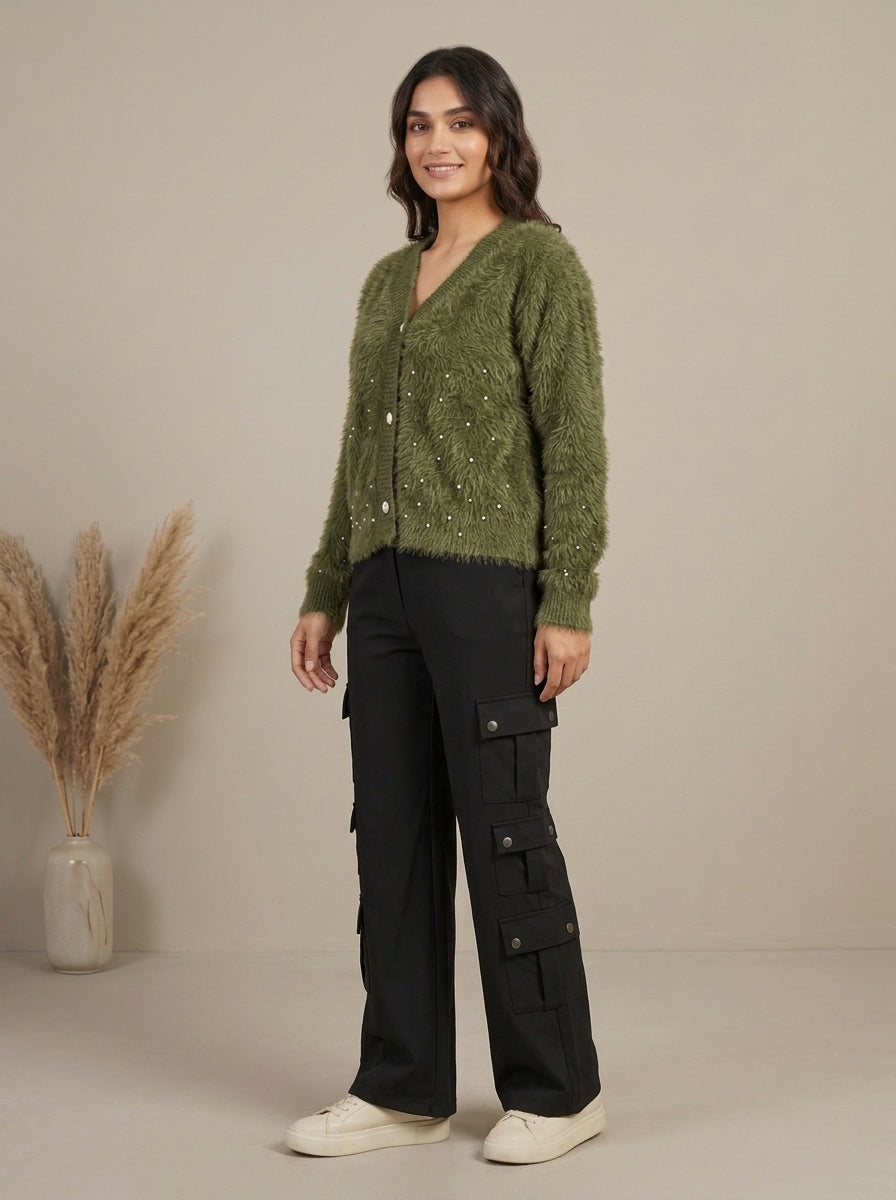 Pearl Embellished Plush Knit Cardigan