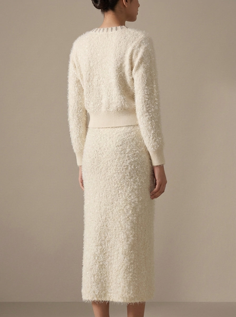 Embellished Feather-Effect Cardigan with Matching Bottom Wear