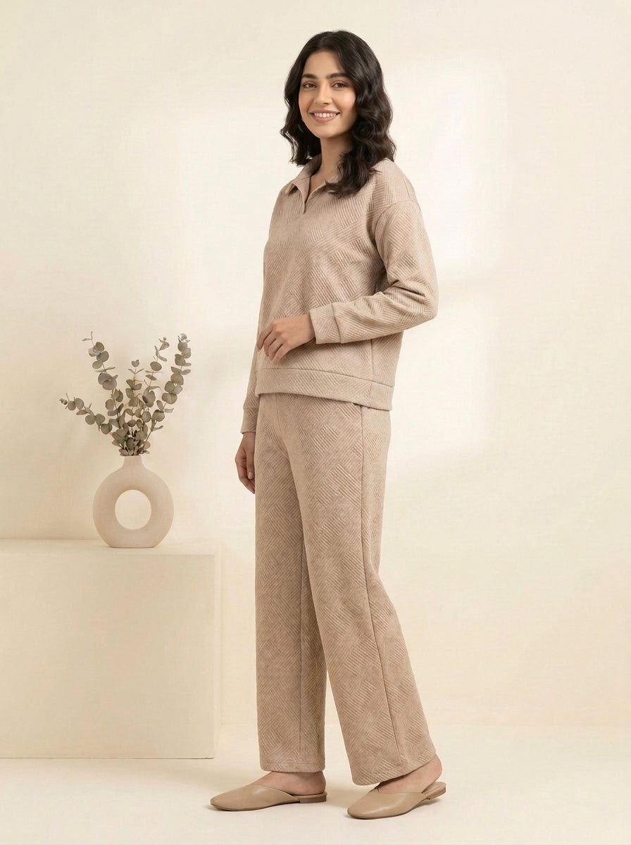 Textured Collared Shirt with Matching Trousers