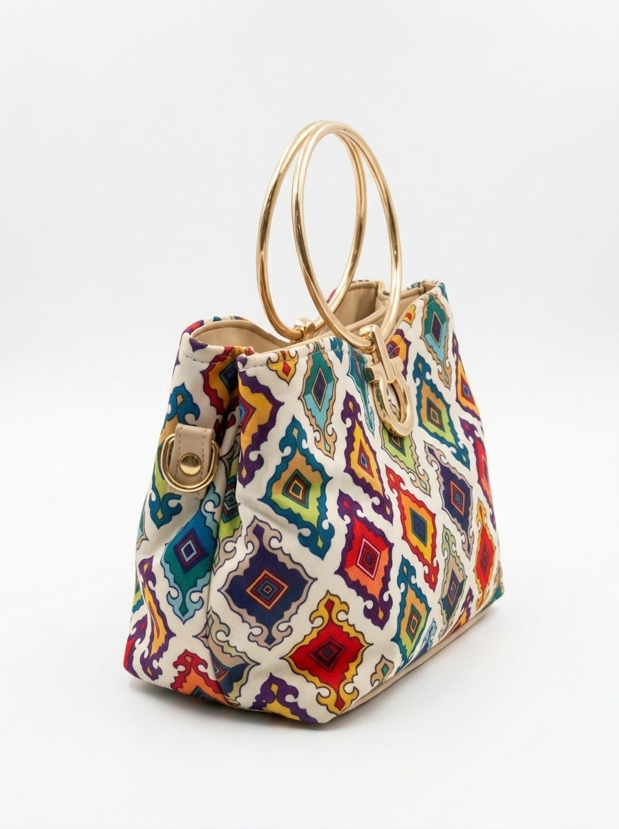 Ethnic Printed Ring Handle Handbag