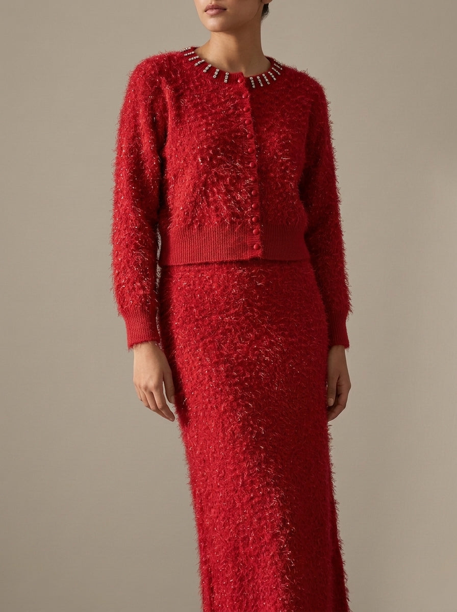 Embellished Feather-Effect Cardigan with Matching Bottom Wear