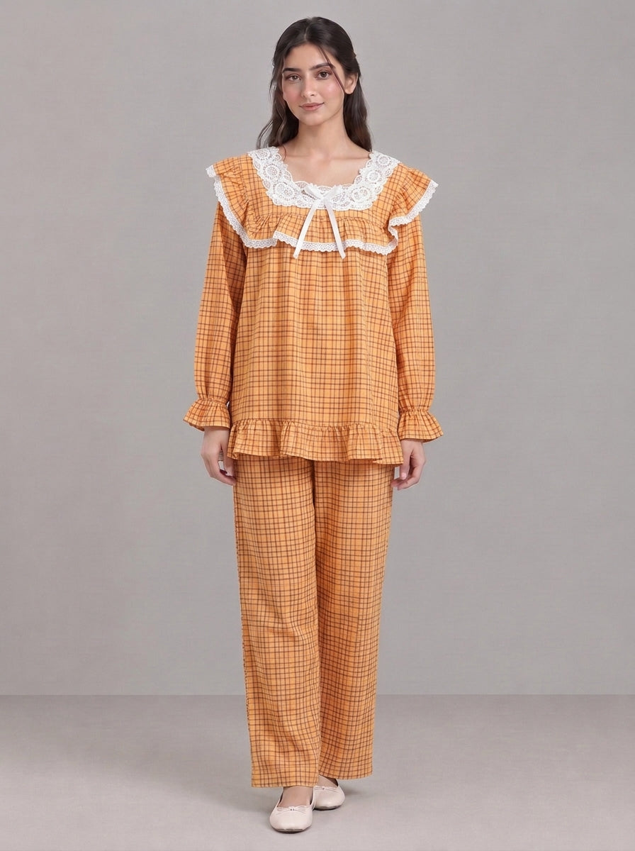 Lace-Trimmed Plaid Lounge Set