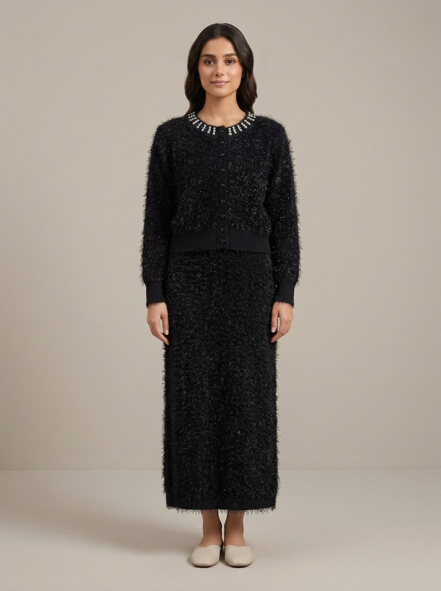 Embellished Feather-Effect Cardigan with Matching Bottom Wear