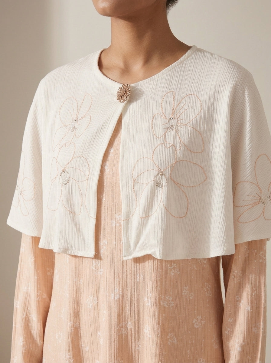 Embellished Cape Overlay Printed Maxi Dress