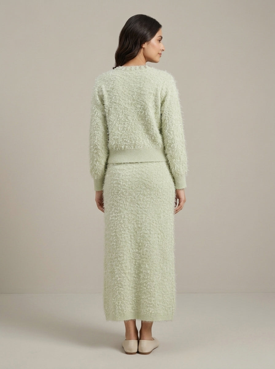 Embellished Feather-Effect Cardigan with Matching Bottom Wear