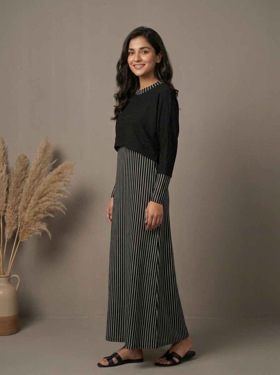 Striped Layered High-Neck Maxi Dress Set