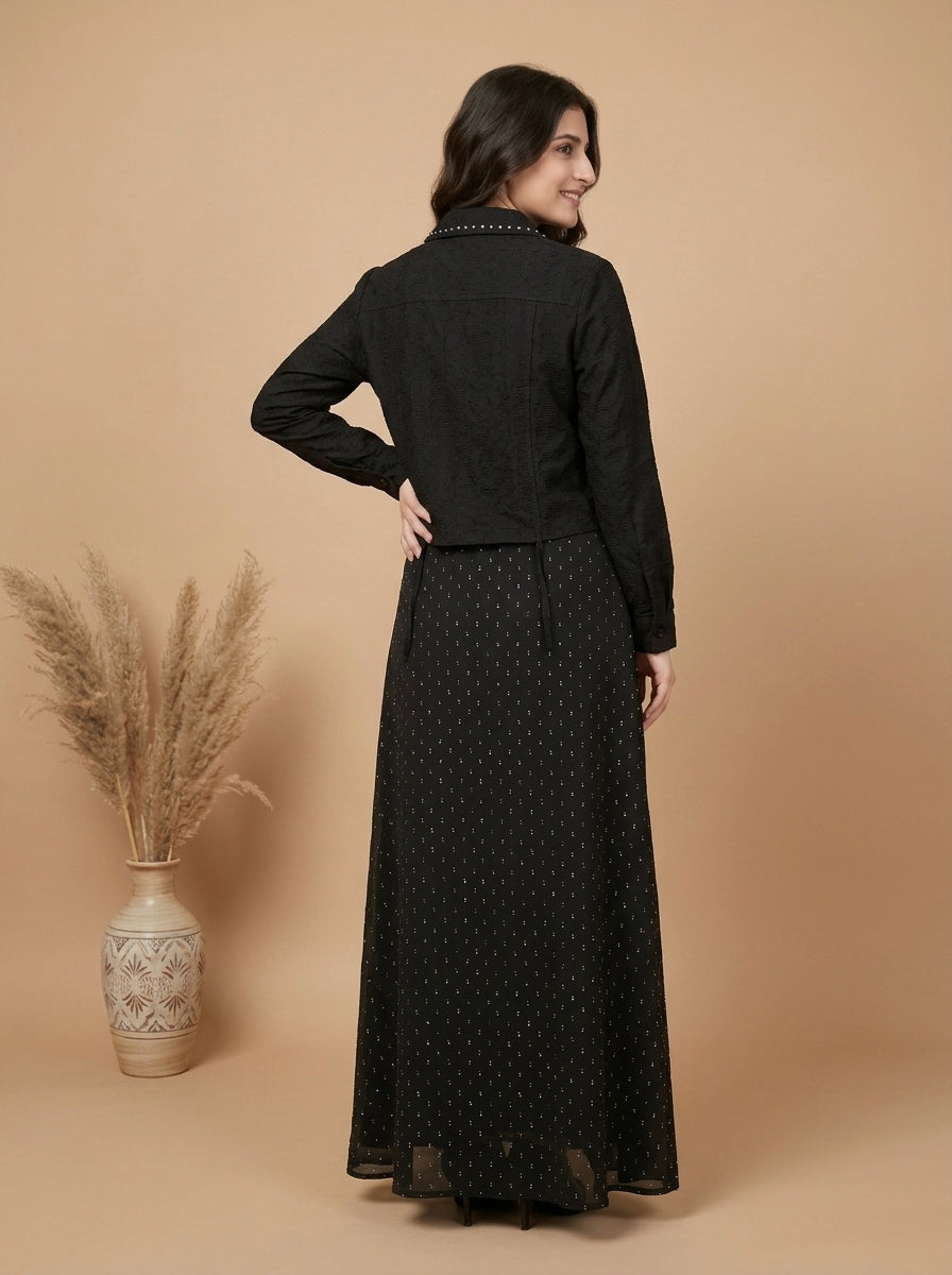 Studded Cropped Jacket with Patterned Maxi Dress Set