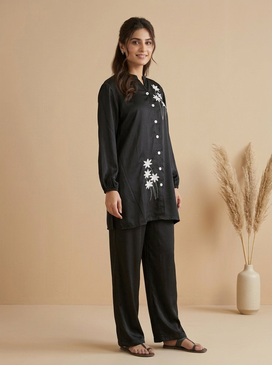 Floral Embroidered Button-Front Shirt with Trousers