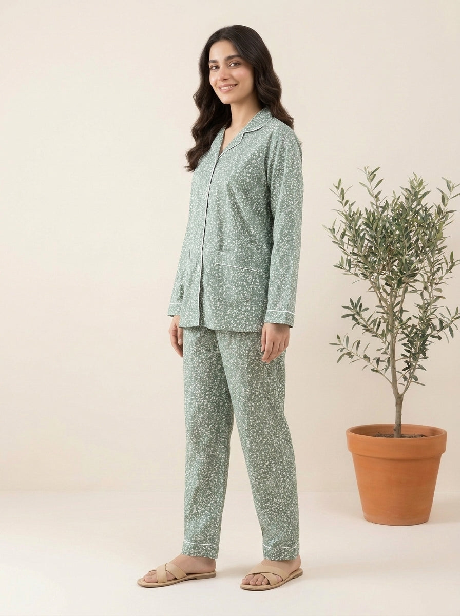 Floral Printed Sleepwear Shirt with Matching Trousers
