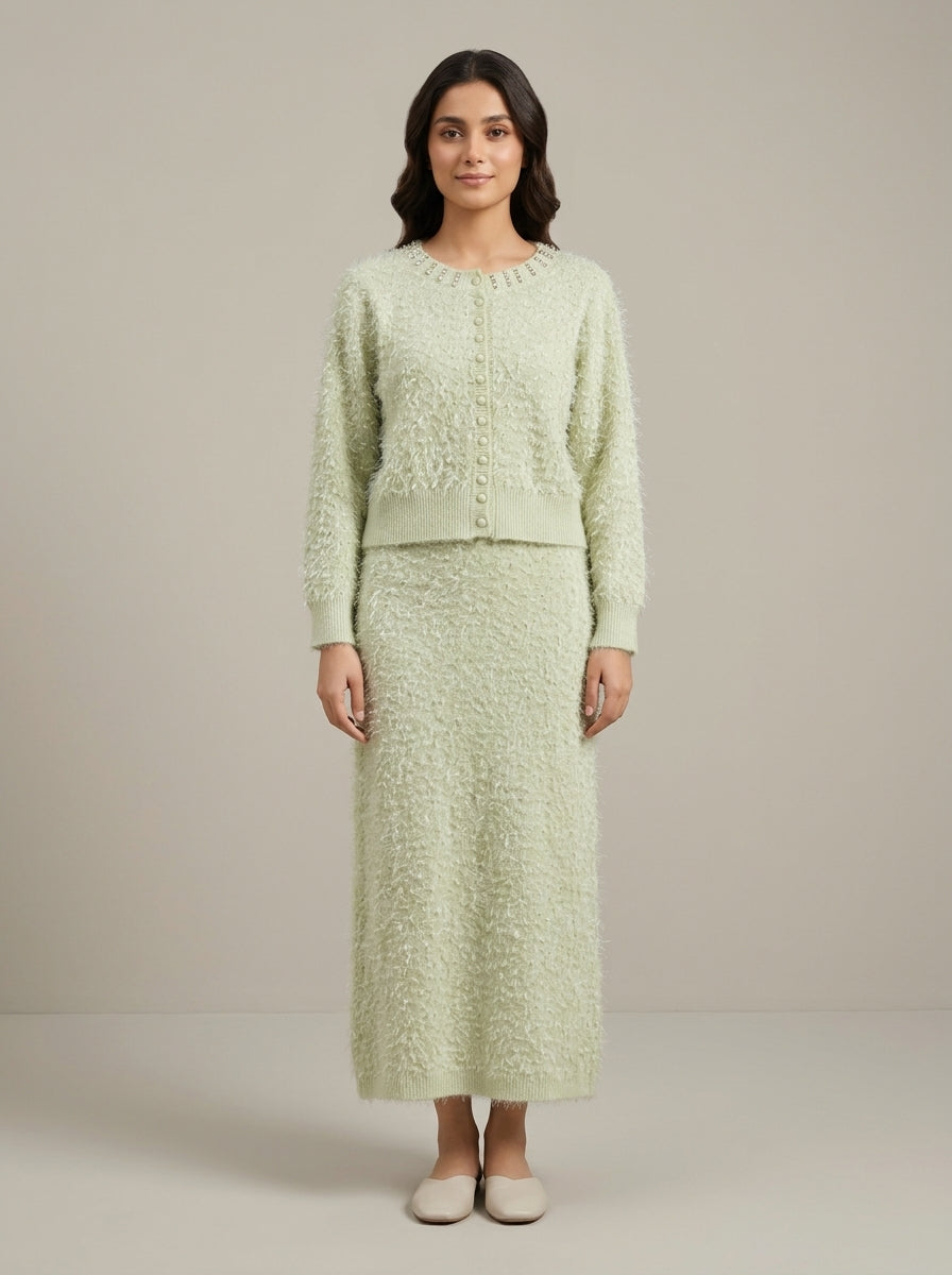 Embellished Feather-Effect Cardigan with Matching Bottom Wear