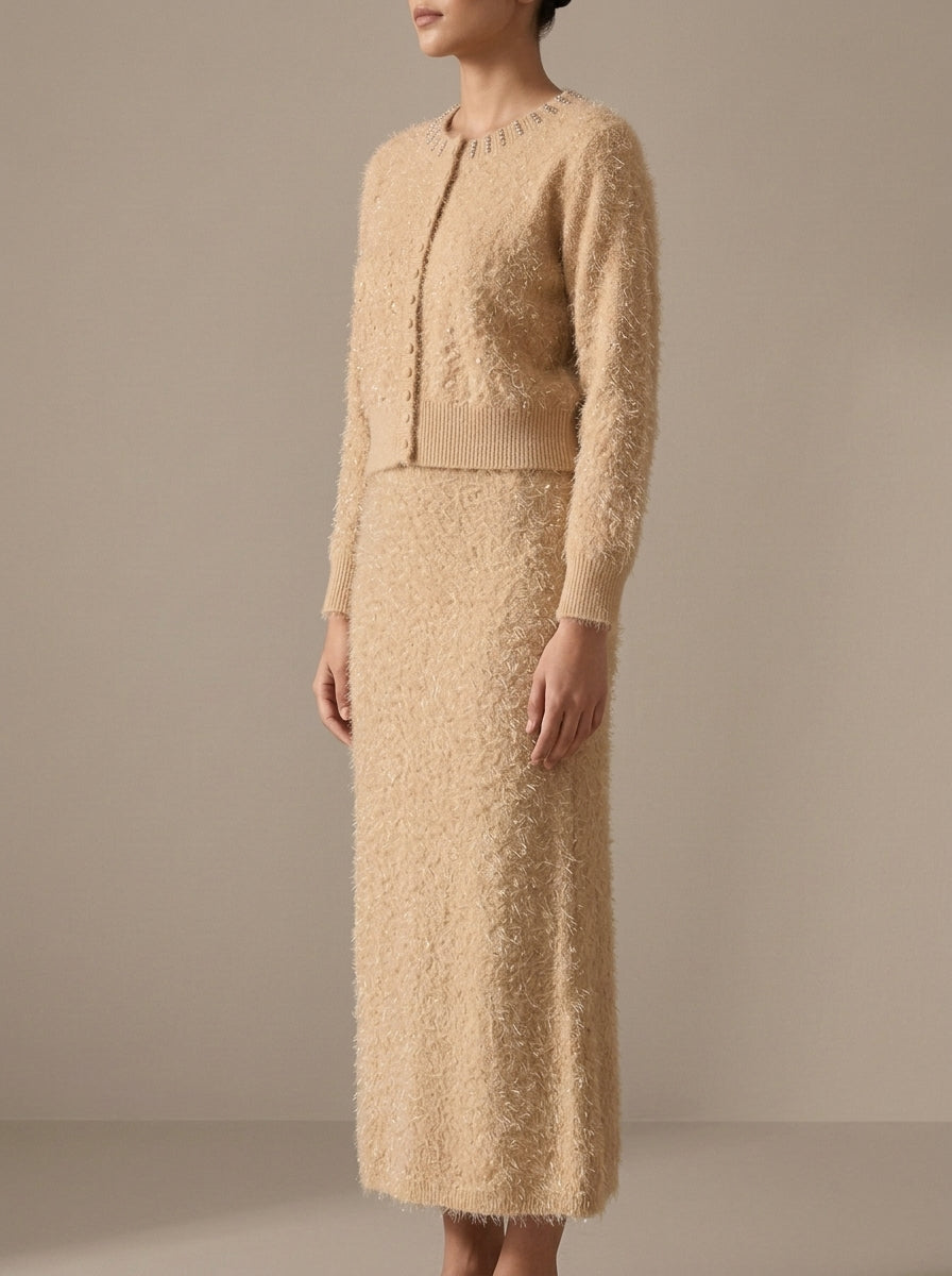 Embellished Feather-Effect Cardigan with Matching Bottom Wear