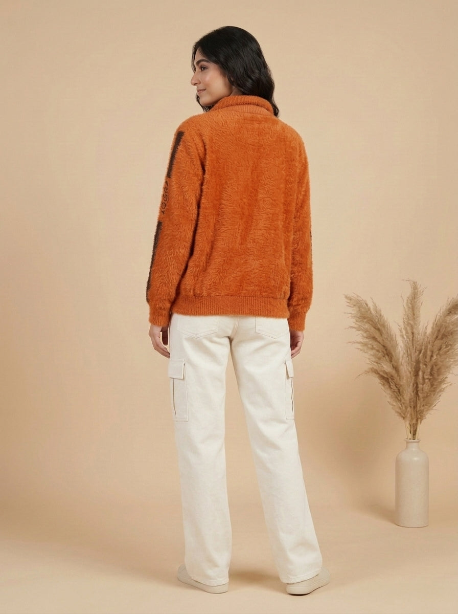 Plush Zip-Front Fleece Jacket with Side Stripe Sleeves
