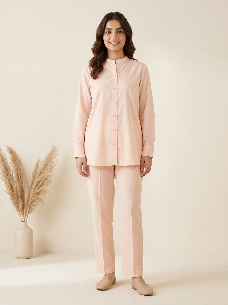 Solid Button-Down Shirt with Matching Trousers