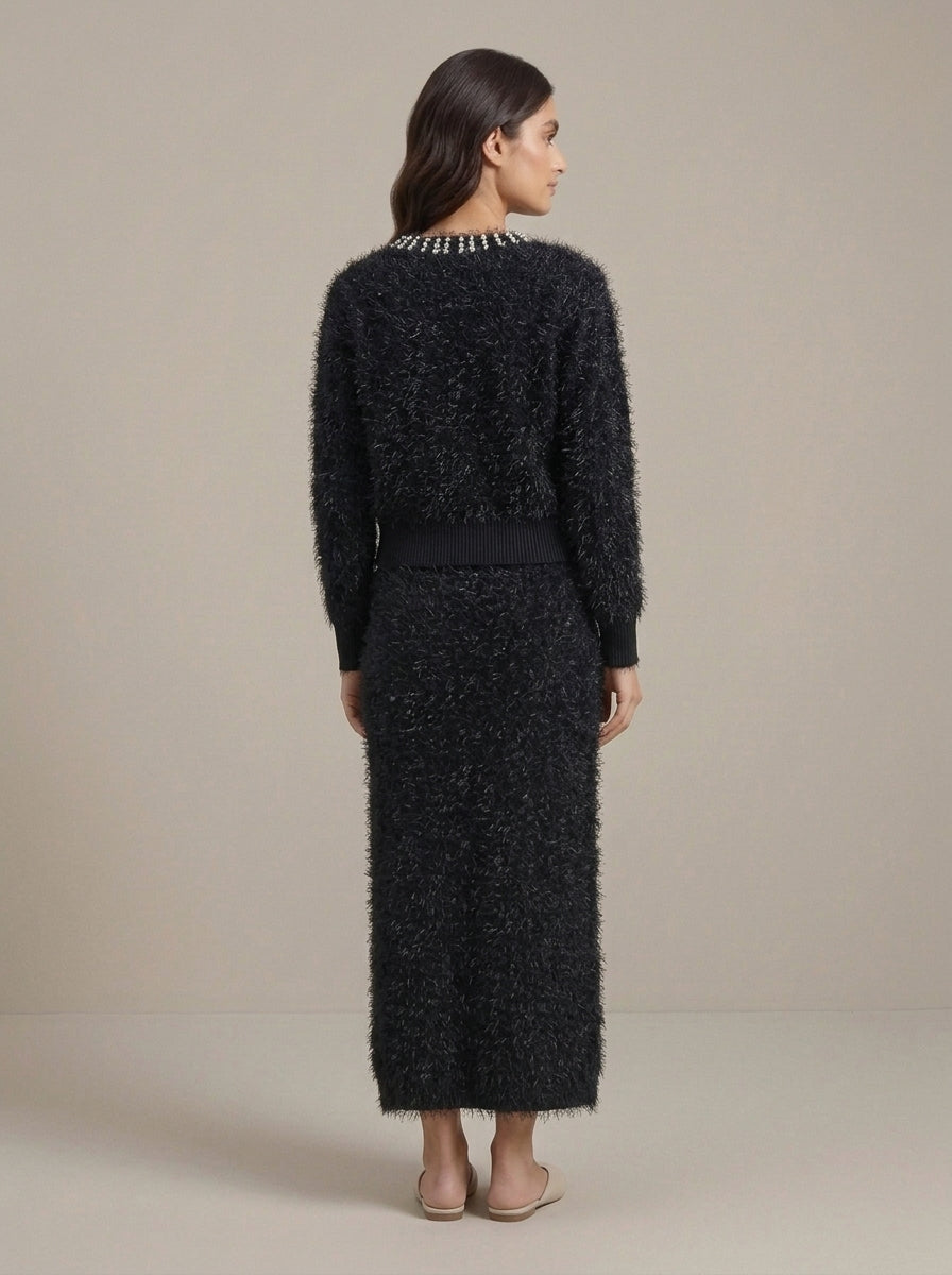 Embellished Feather-Effect Cardigan with Matching Bottom Wear