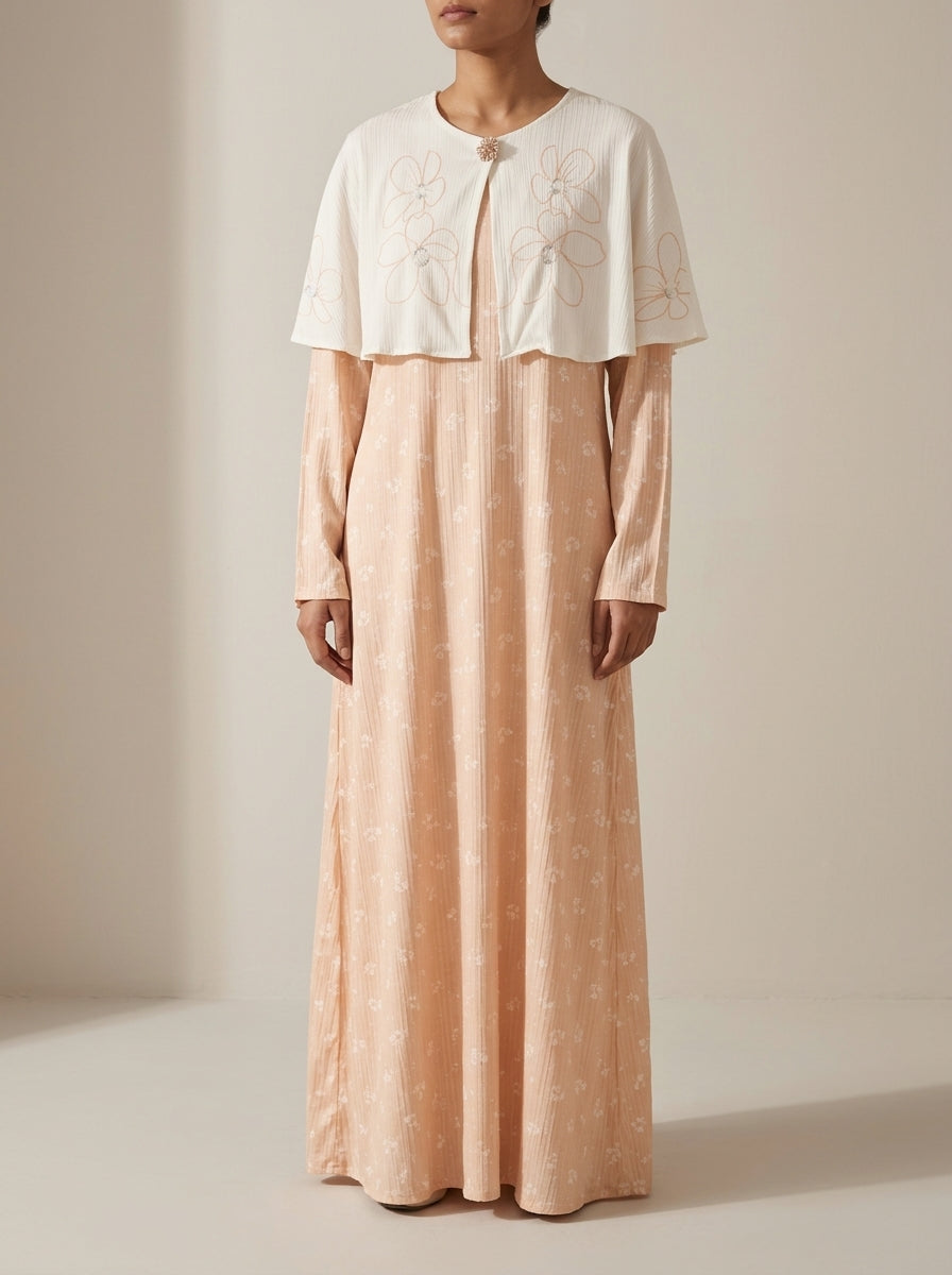 Embellished Cape Overlay Printed Maxi Dress