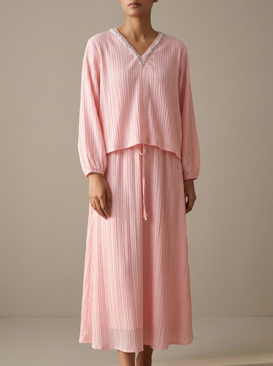 Embellished Neckline Crinkle Textured Co-Ord Set