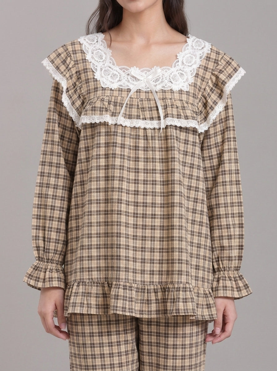 Lace-Trimmed Plaid Lounge Set