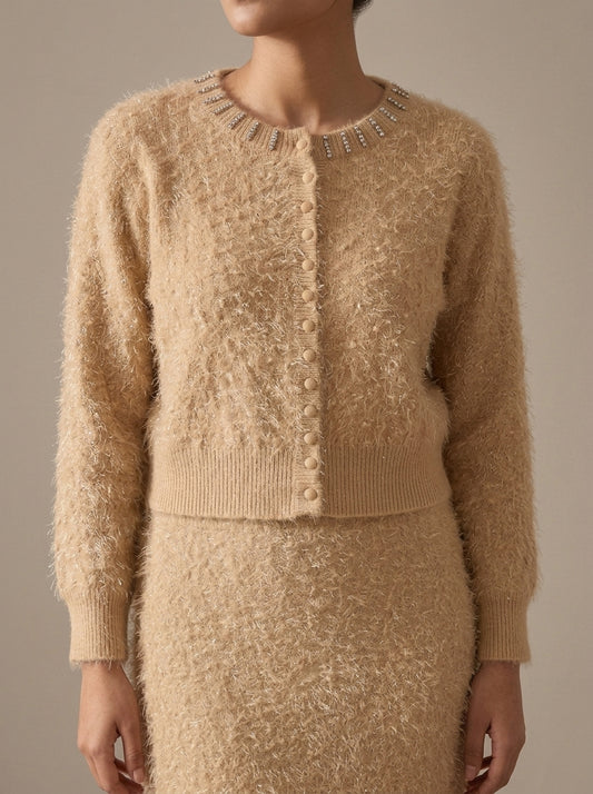 Embellished Feather-Effect Cardigan with Matching Bottom Wear