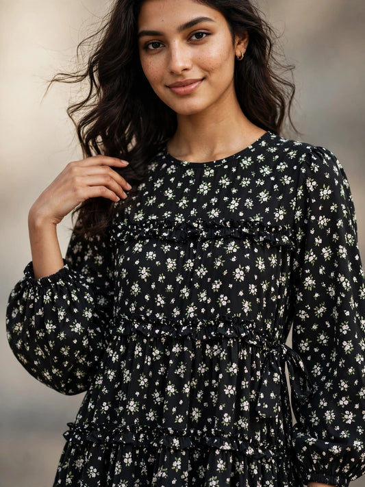 Black Floral Tiered Maxi Dress