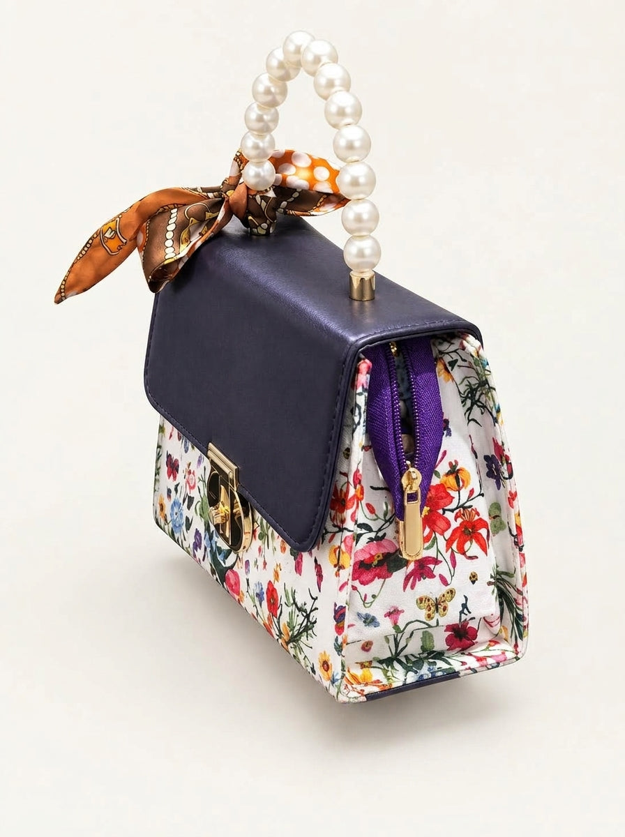 Floral Print Pearl Top Handle Bag