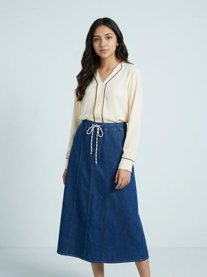 Drawstring Denim Maxi Skirt