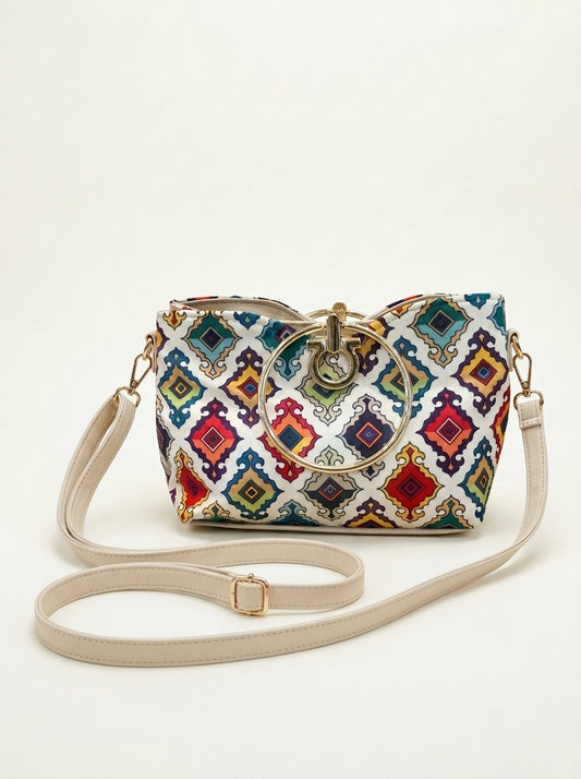 Ethnic Printed Ring Handle Handbag