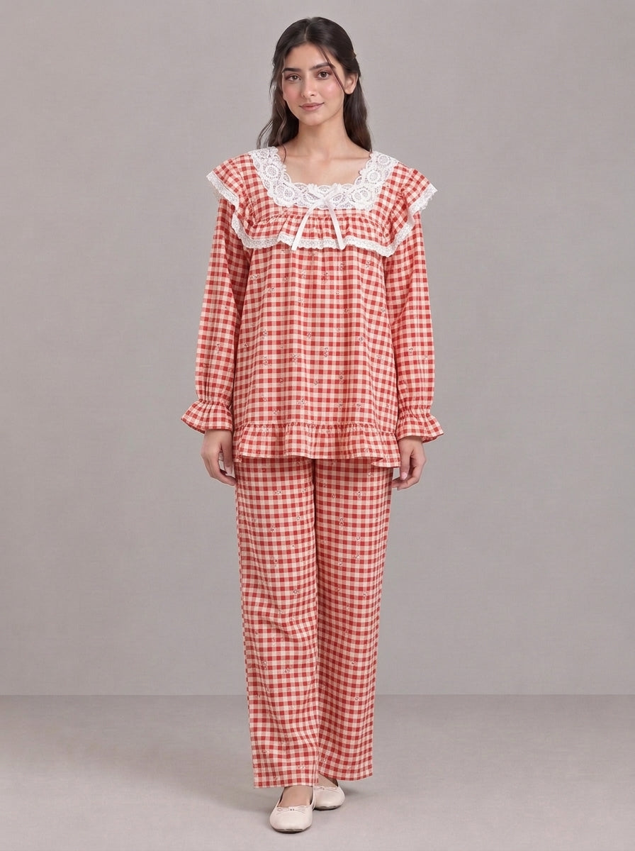Lace-Trimmed Plaid Lounge Set