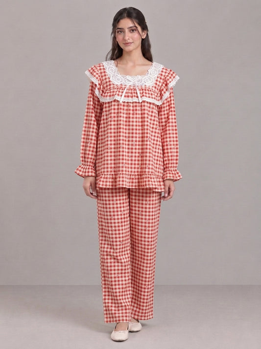Lace-Trimmed Plaid Lounge Set