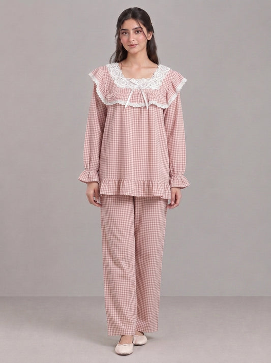 Lace-Trimmed Plaid Lounge Set