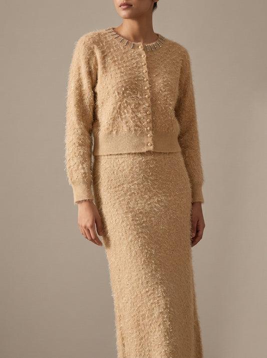 Embellished Feather-Effect Cardigan with Matching Bottom Wear