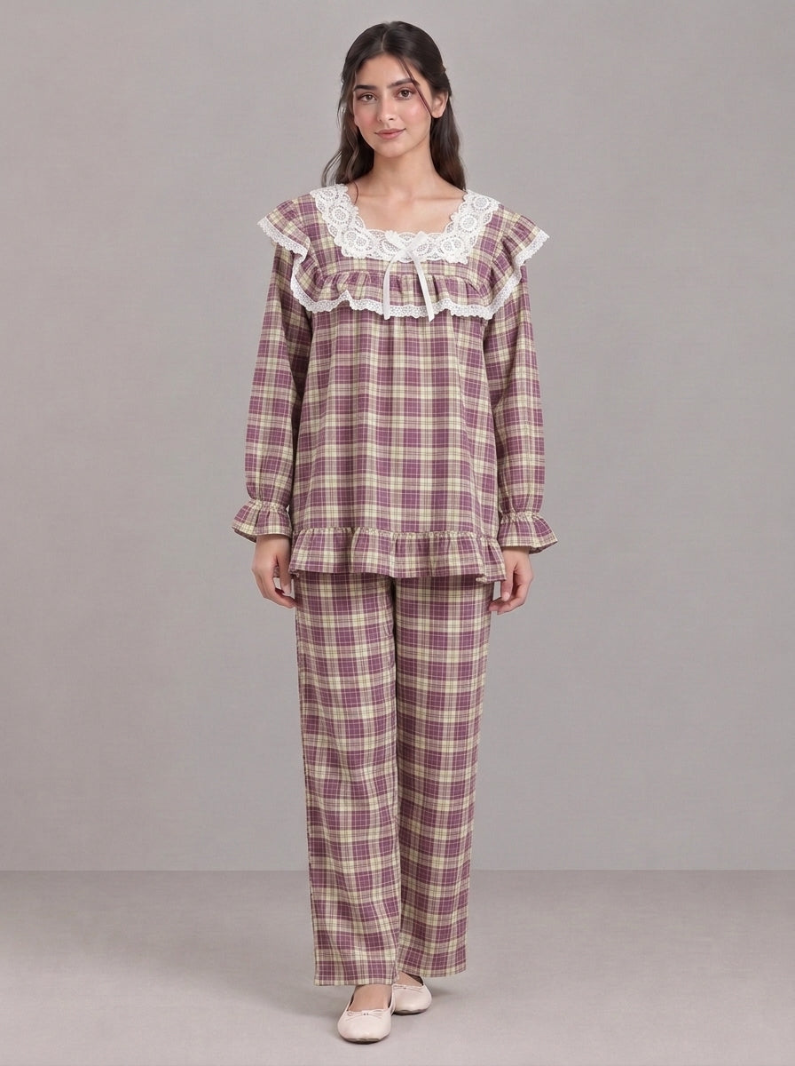Lace-Trimmed Plaid Lounge Set