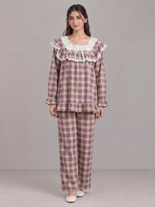 Lace-Trimmed Plaid Lounge Set