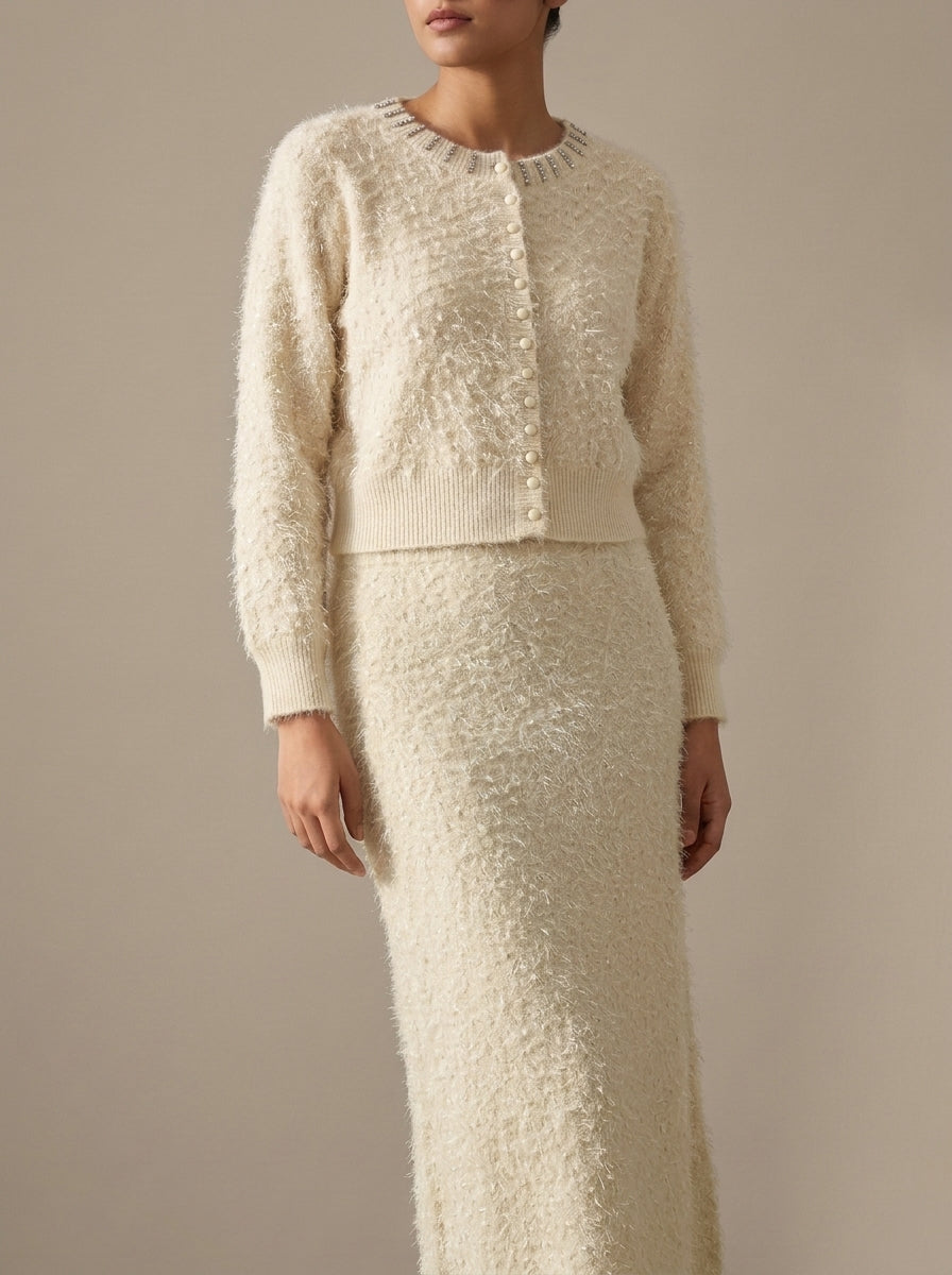 Embellished Feather-Effect Cardigan with Matching Bottom Wear
