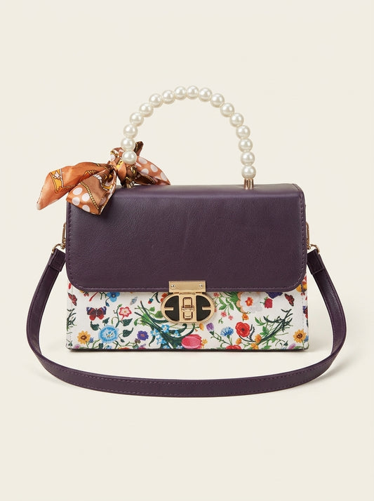 Floral Print Pearl Top Handle Bag