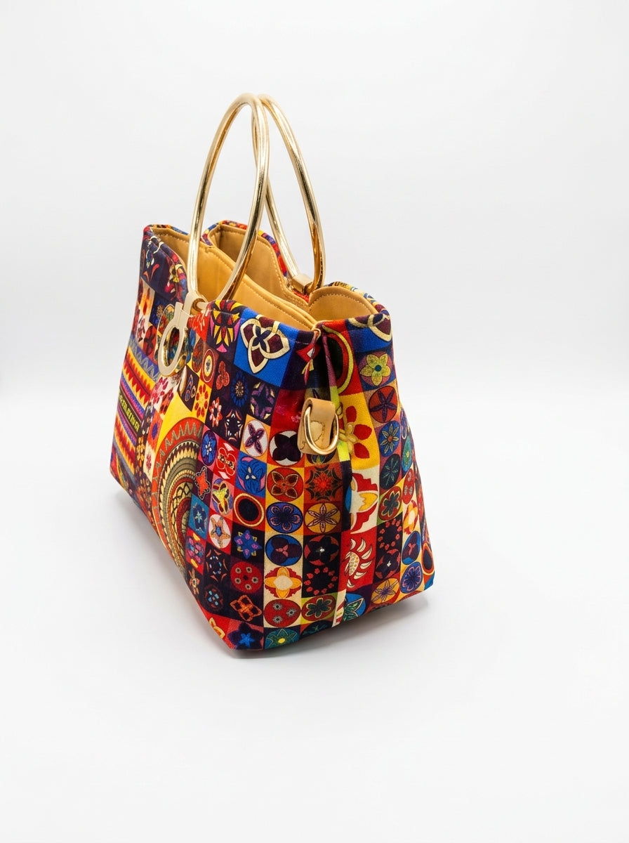 Ethnic Printed Ring Handle Handbag