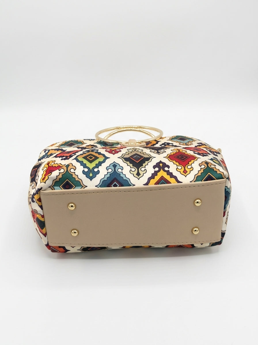 Ethnic Printed Ring Handle Handbag