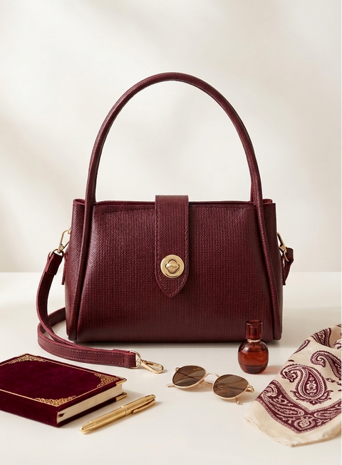Burgundy handbag with accessories on a light background