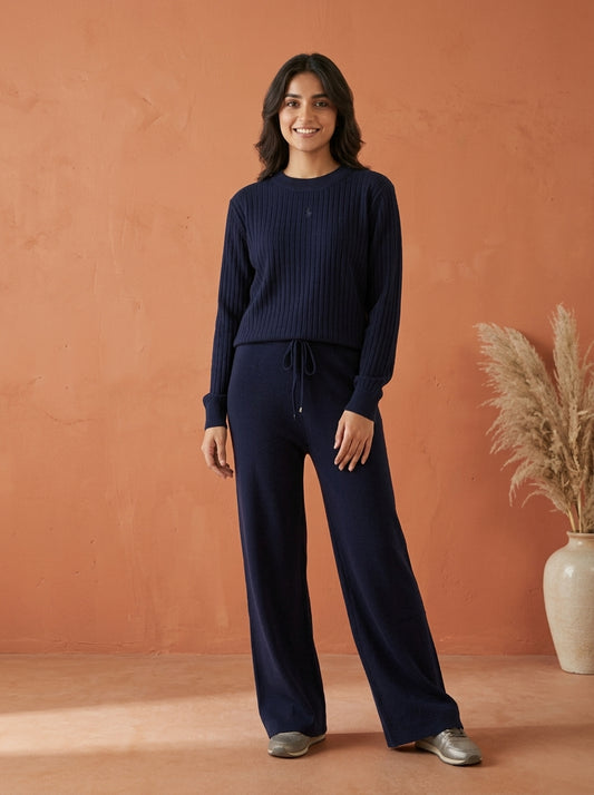 Cable-Knit Mock Neck Sweater & Drawstring Wide-Leg Trouser 2-Piece Co-ord Set