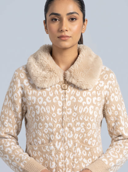 Faux Fur Collar Leopard Knit Zip Sweater