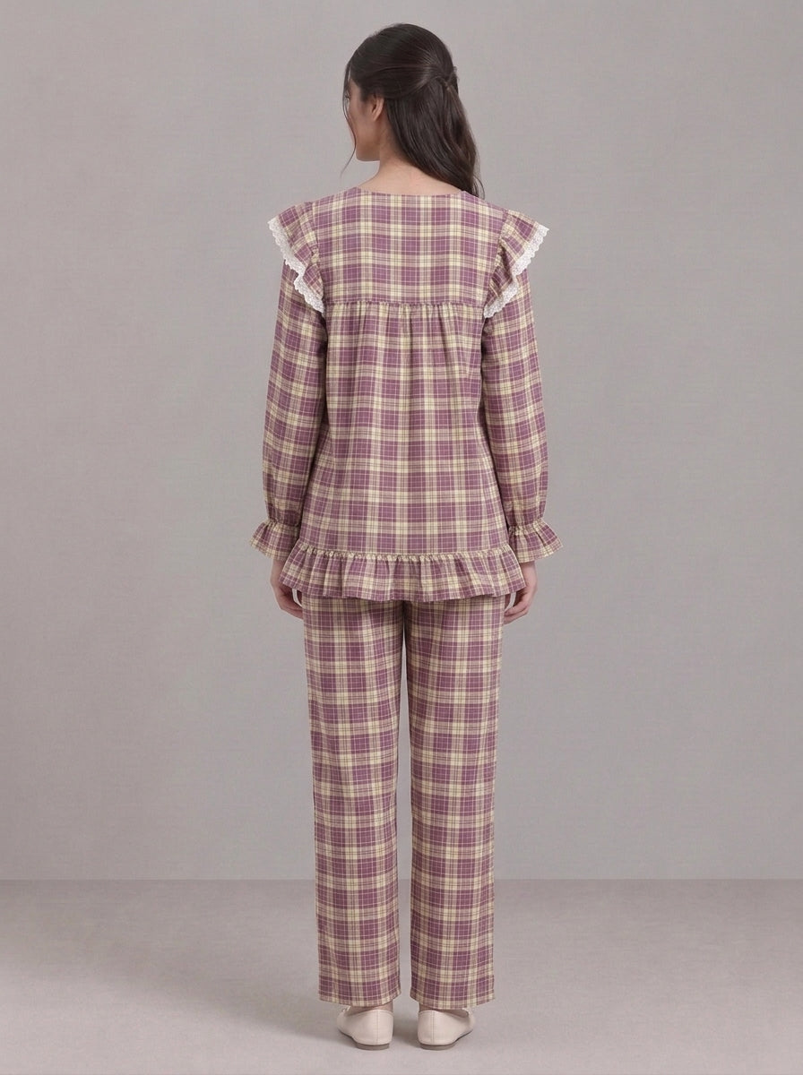 Lace-Trimmed Plaid Lounge Set