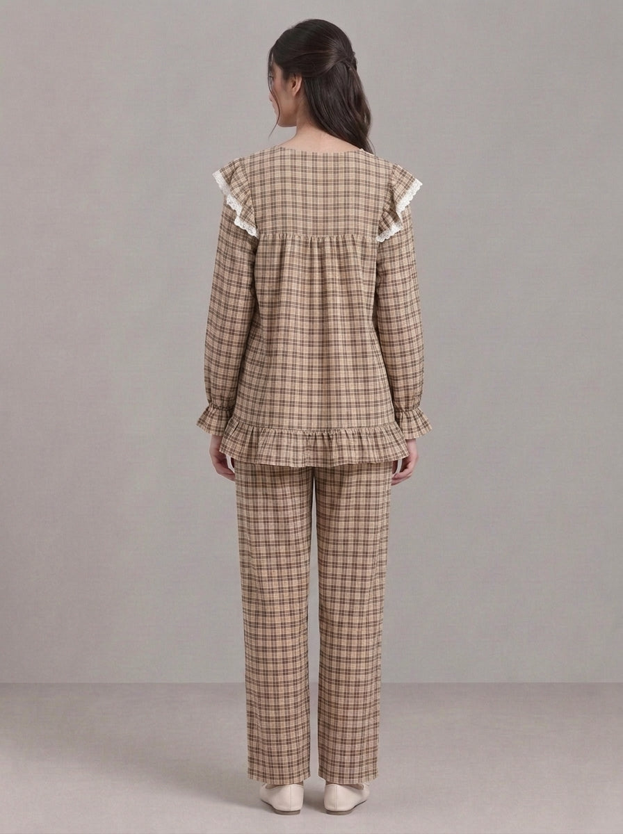 Lace-Trimmed Plaid Lounge Set
