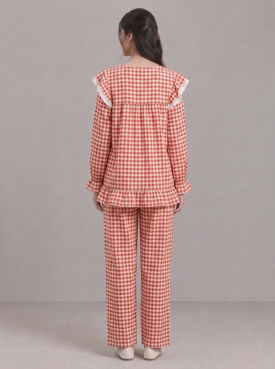 Lace-Trimmed Plaid Lounge Set
