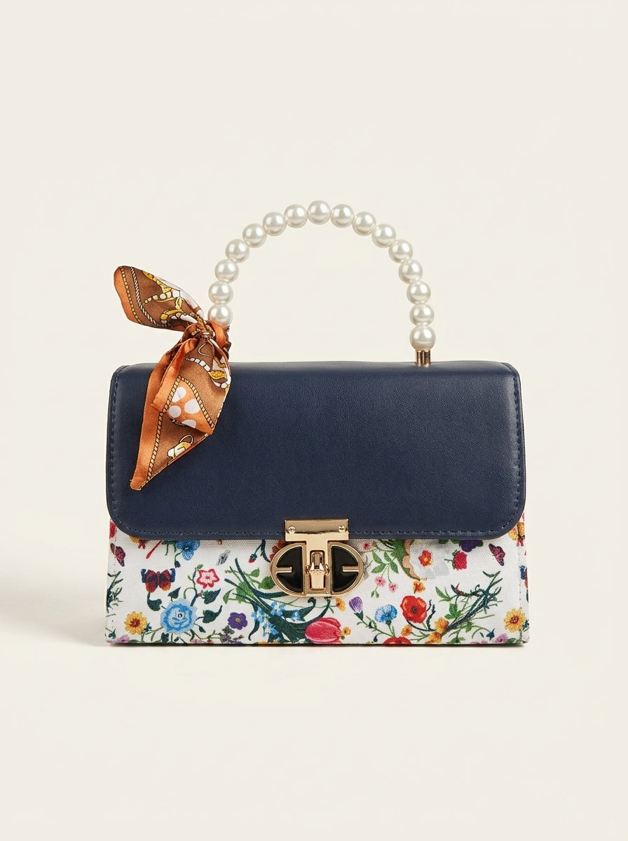 Floral Print Pearl Top Handle Bag