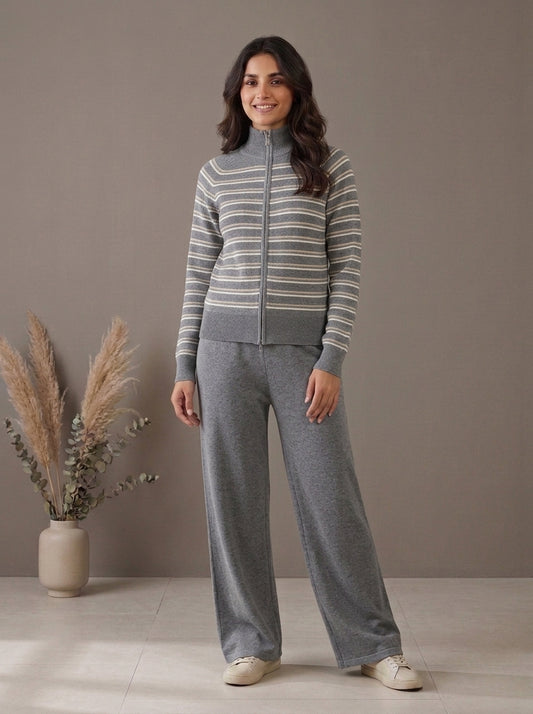 Striped Zip-Front Knit Cardigan with Trousers