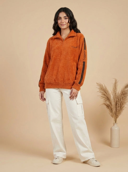 Plush Zip-Front Fleece Jacket with Side Stripe Sleeves